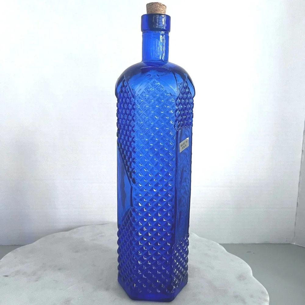 Cobalt Blue Glass‎ Bottle Hexagon Shaped w Cork Spain Diamond Embossed 12X3.5